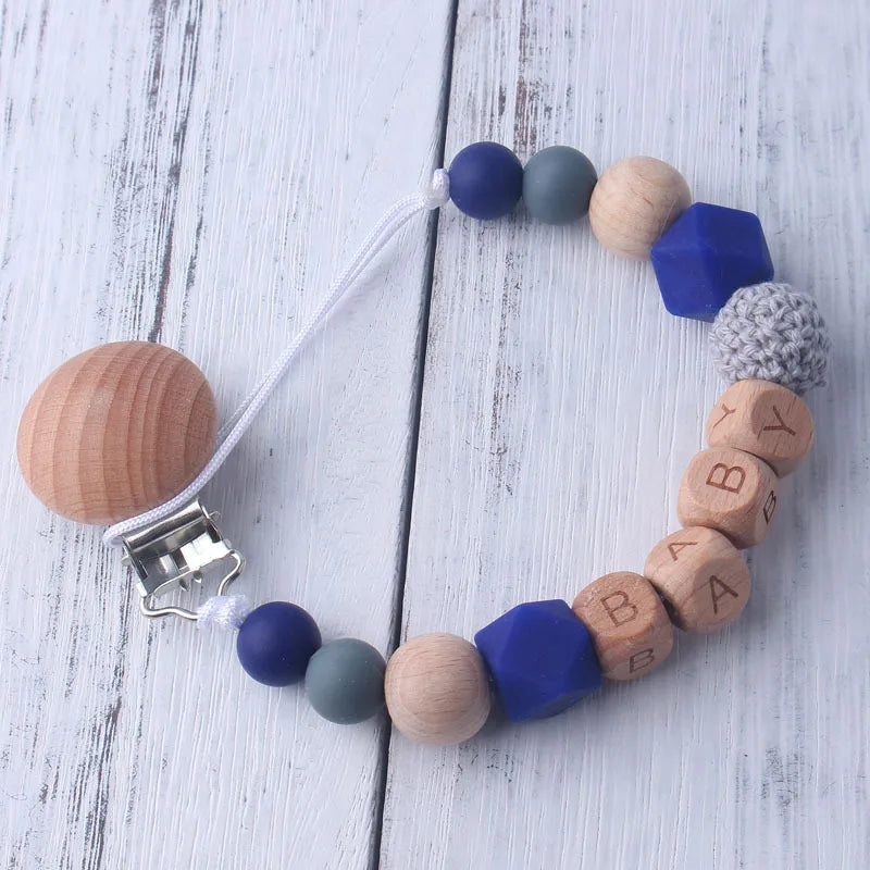 Personalized Name Pacifier Clip & Teething Chain (Silicone & Beech Wood)