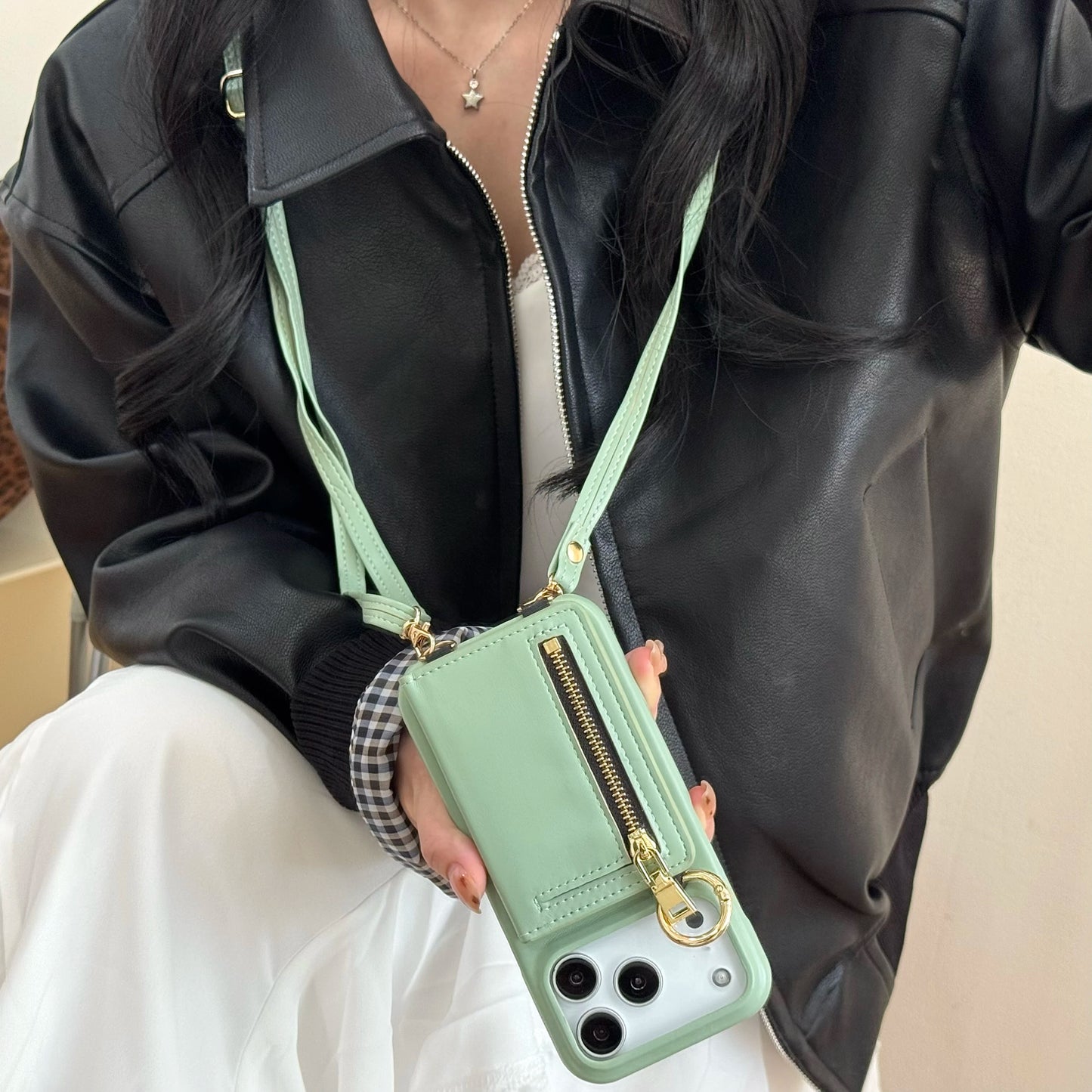 Crossbody Leather Wallet Phone Case with Zipper & Ring Holder