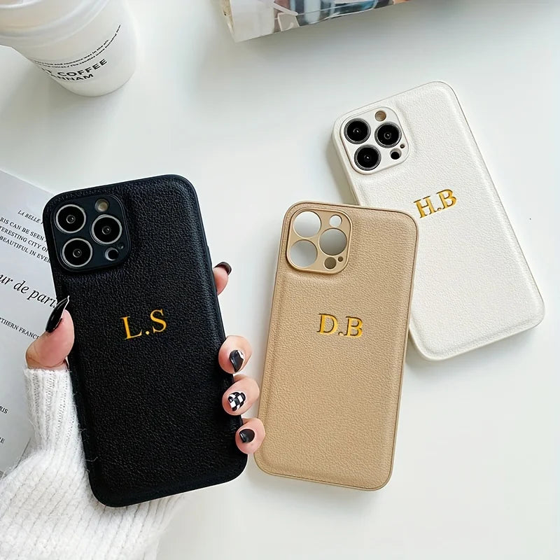 Personalized Name Case for iPhone - Engraved Initials PU Leather Cover
