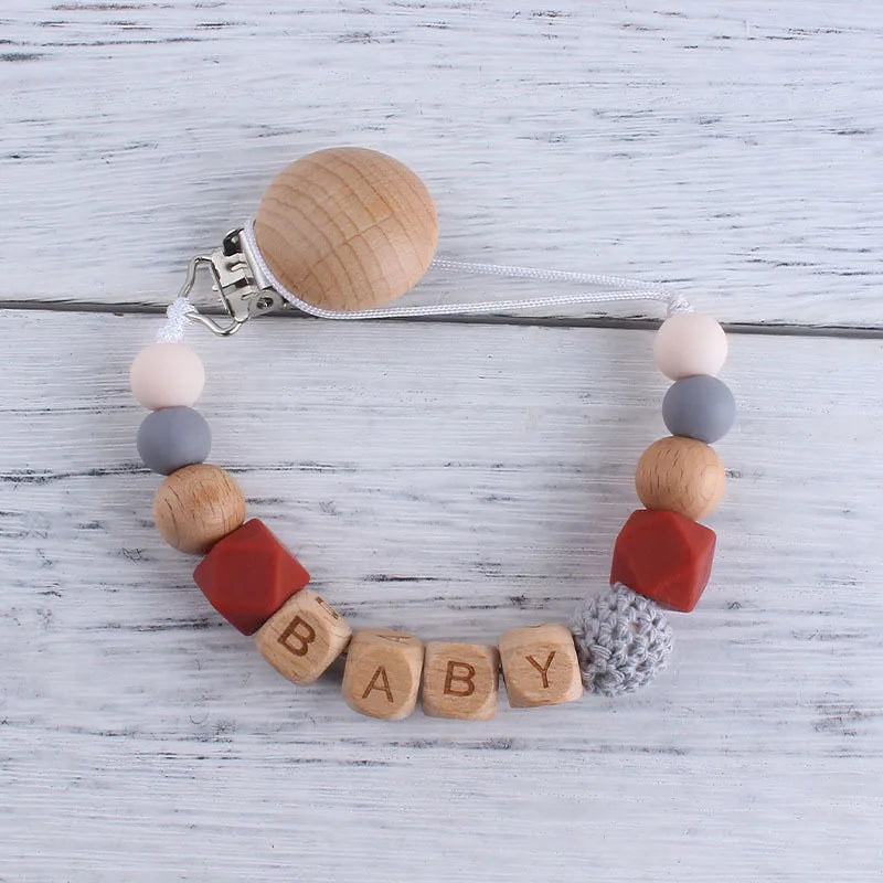 Personalized Name Pacifier Clip & Teething Chain (Silicone & Beech Wood)