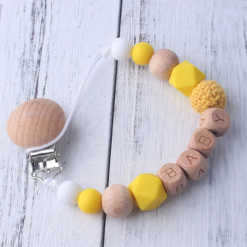 Personalized Name Pacifier Clip & Teething Chain (Silicone & Beech Wood)