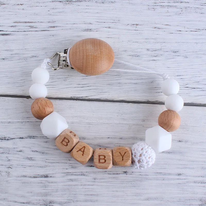 Personalized Name Pacifier Clip & Teething Chain (Silicone & Beech Wood)