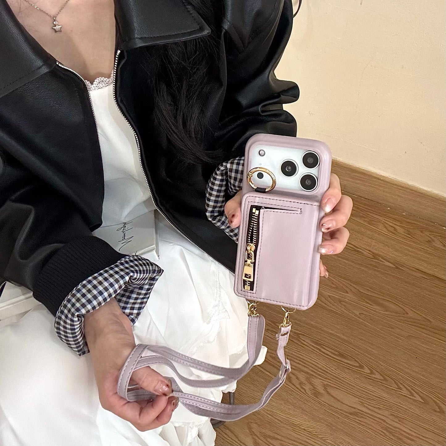 Crossbody Leather Wallet Phone Case with Zipper & Ring Holder