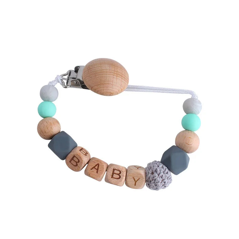 Personalized Name Pacifier Clip & Teething Chain (Silicone & Beech Wood)