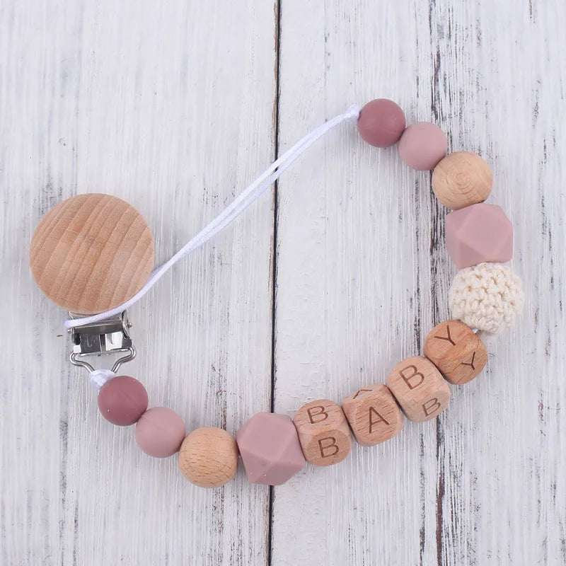 Personalized Name Pacifier Clip & Teething Chain (Silicone & Beech Wood)