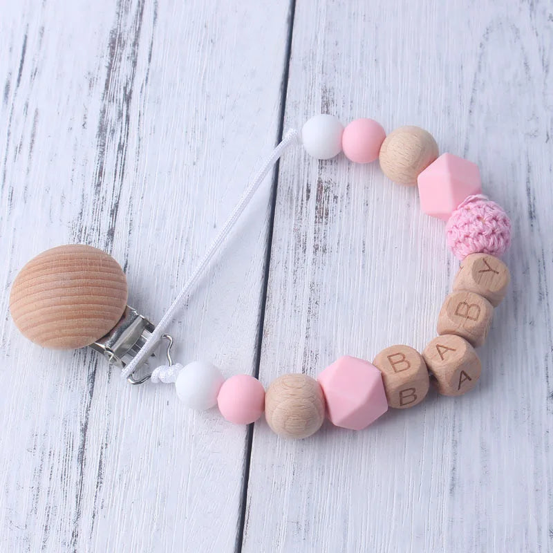 Personalized Name Pacifier Clip & Teething Chain (Silicone & Beech Wood)