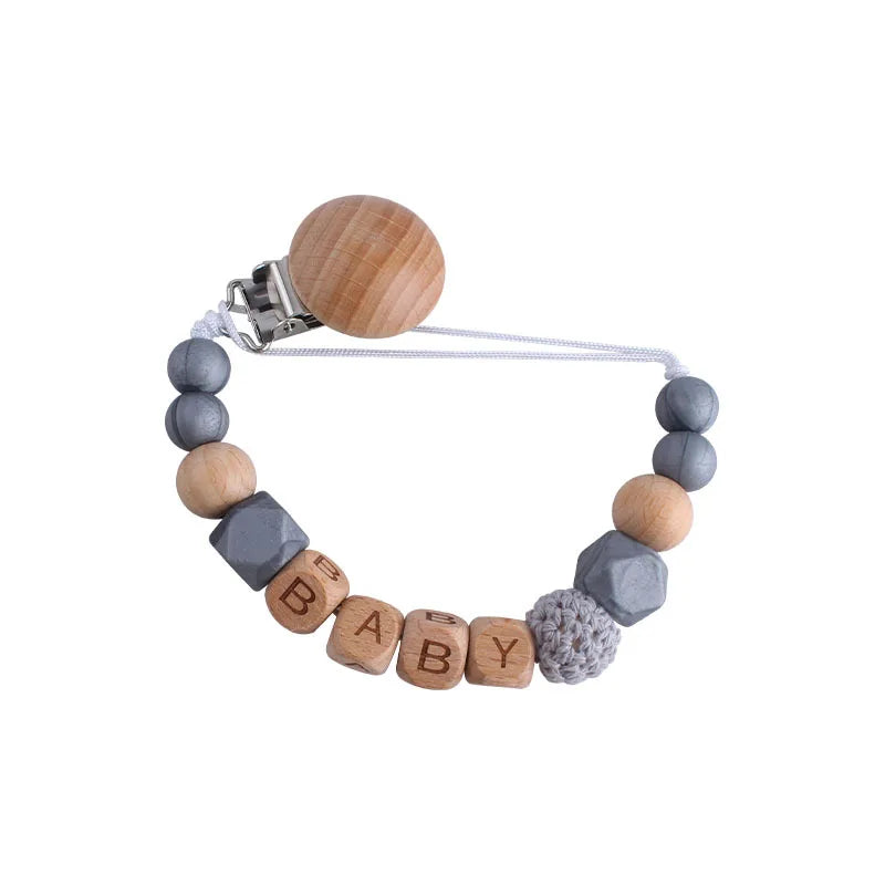 Personalized Name Pacifier Clip & Teething Chain (Silicone & Beech Wood)
