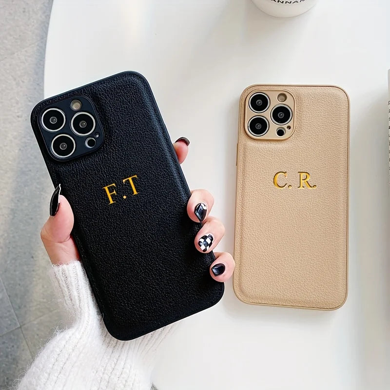 Personalized Name Case for iPhone - Engraved Initials PU Leather Cover