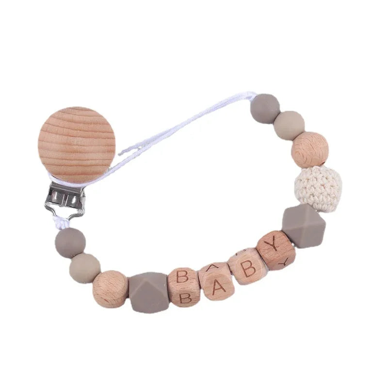 Personalized Name Pacifier Clip & Teething Chain (Silicone & Beech Wood)