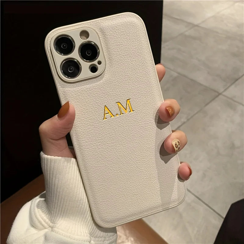 Personalized Name Case for iPhone - Engraved Initials PU Leather Cover