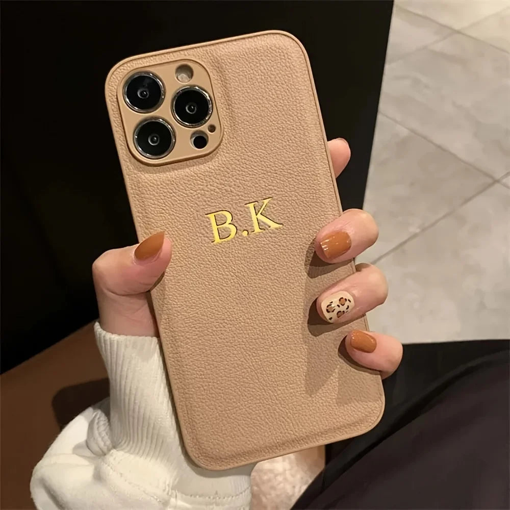 Personalized Name Case for iPhone - Engraved Initials PU Leather Cover