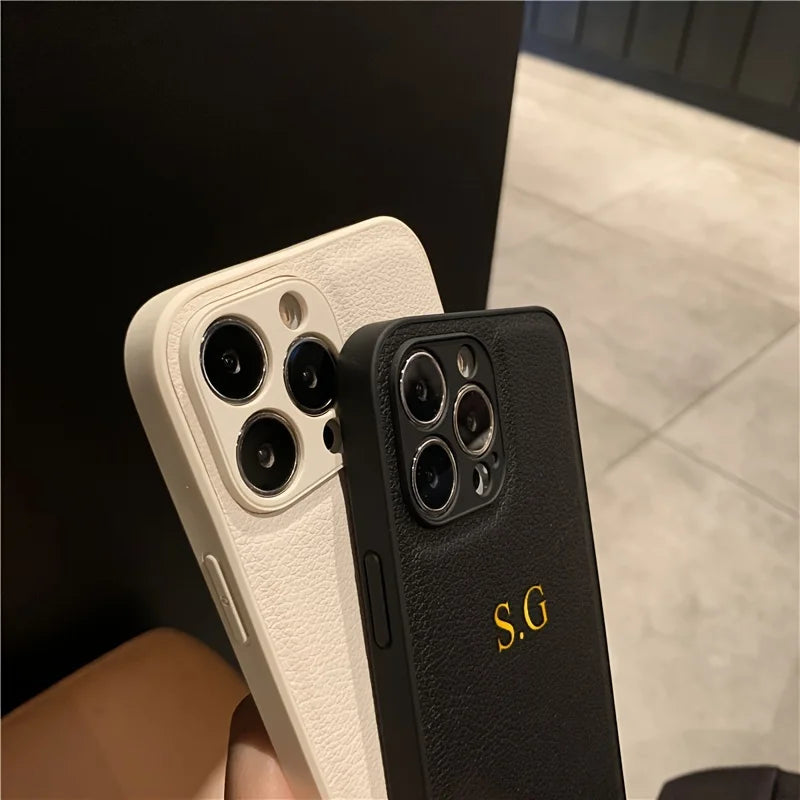 Personalized Name Case for iPhone - Engraved Initials PU Leather Cover