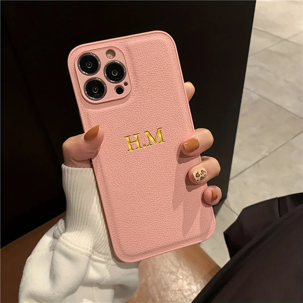 Personalized Name Case for iPhone - Engraved Initials PU Leather Cover