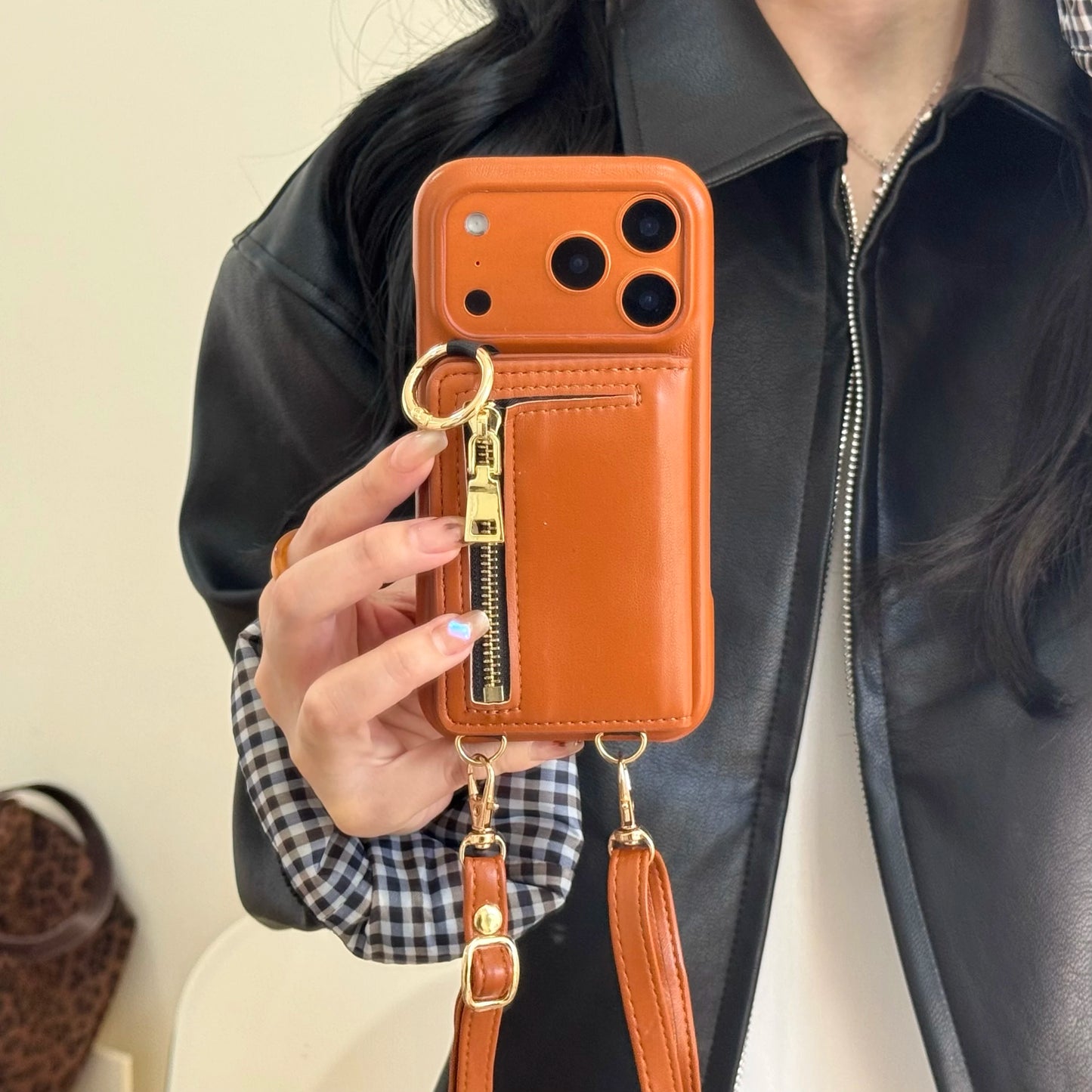 Crossbody Leather Wallet Phone Case with Zipper & Ring Holder