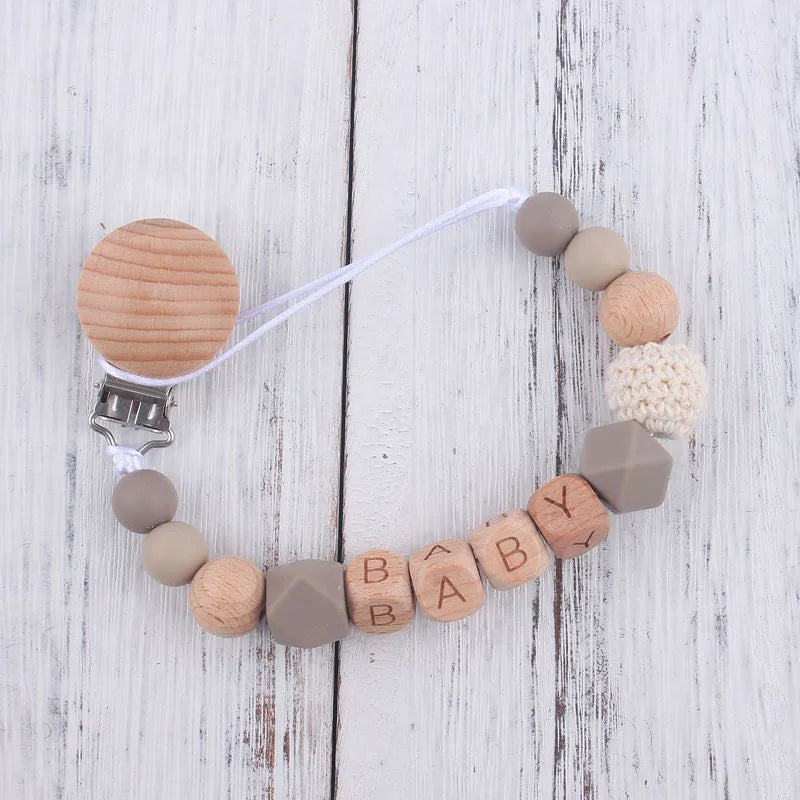 Personalized Name Pacifier Clip & Teething Chain (Silicone & Beech Wood)