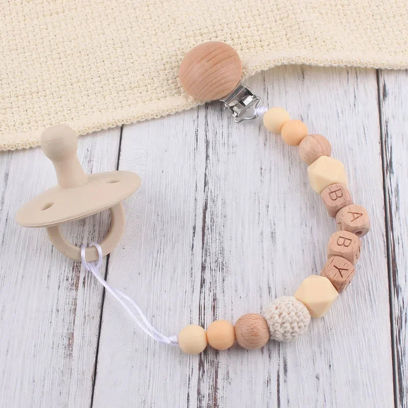 Personalized Name Pacifier Clip & Teething Chain (Silicone & Beech Wood)