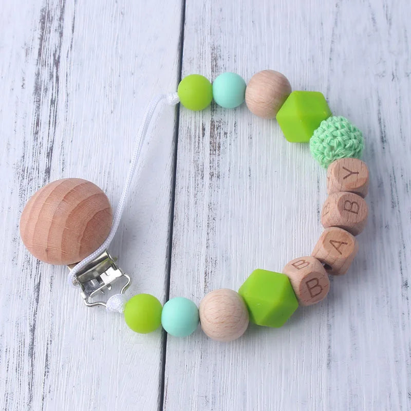 Personalized Name Pacifier Clip & Teething Chain (Silicone & Beech Wood)