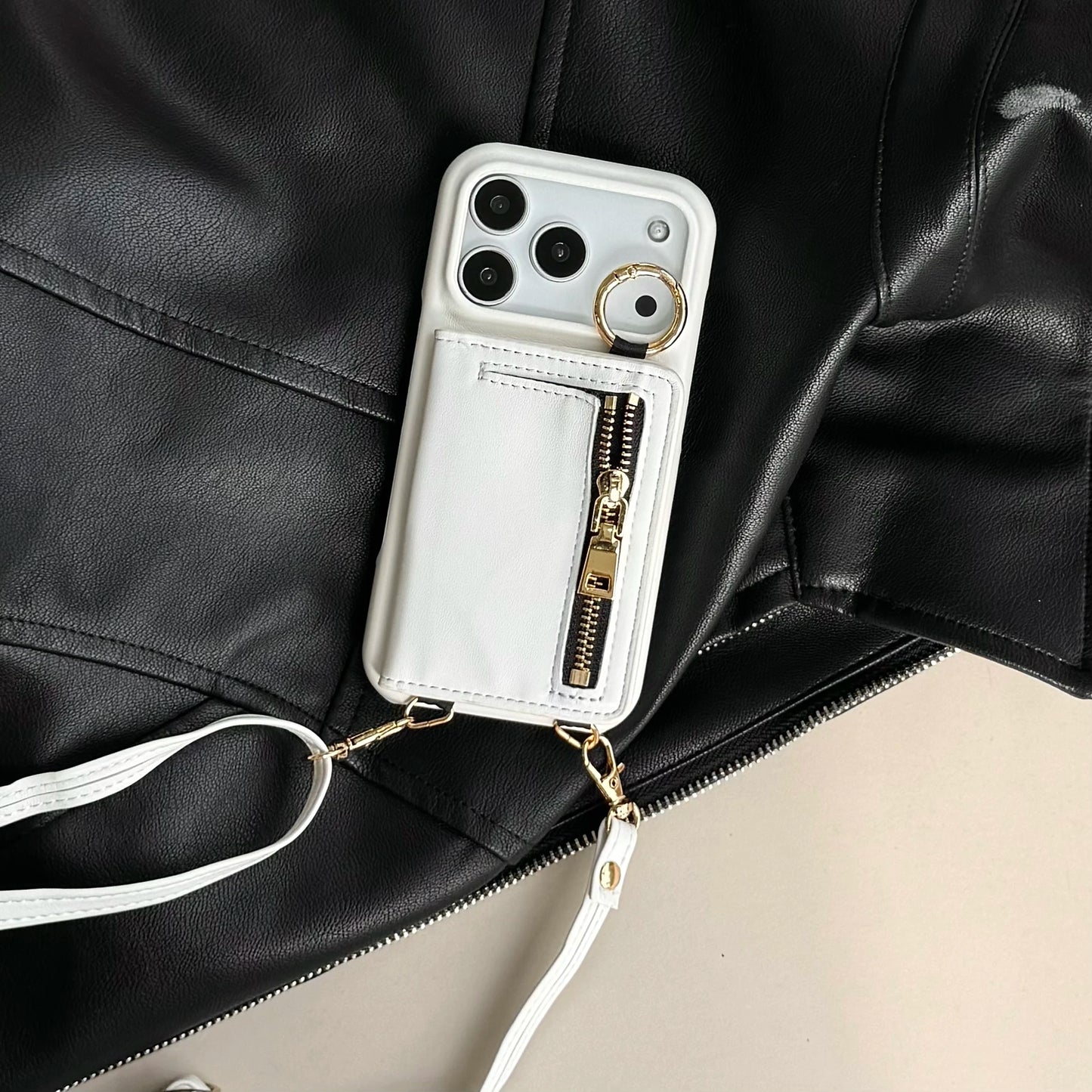 Crossbody Leather Wallet Phone Case with Zipper & Ring Holder