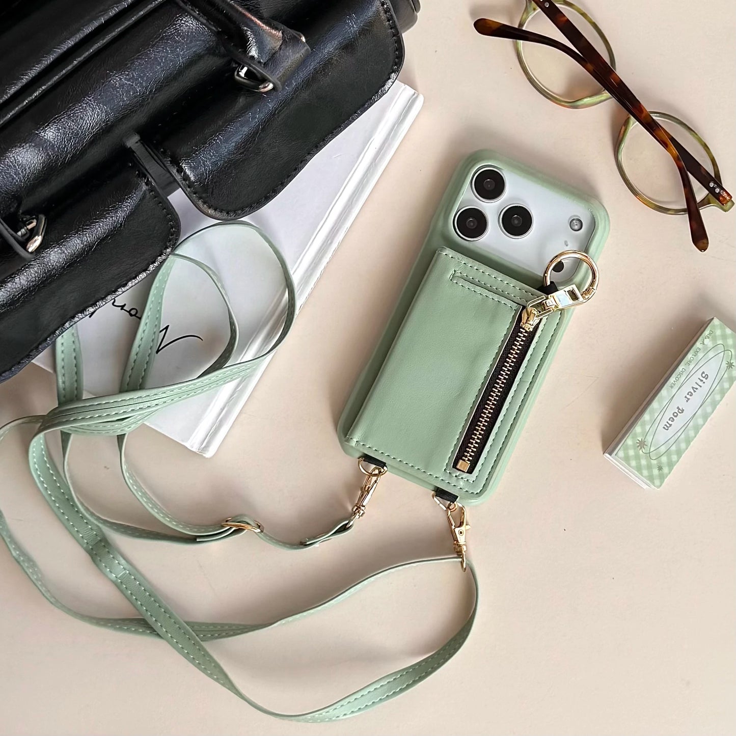 Crossbody Leather Wallet Phone Case with Zipper & Ring Holder