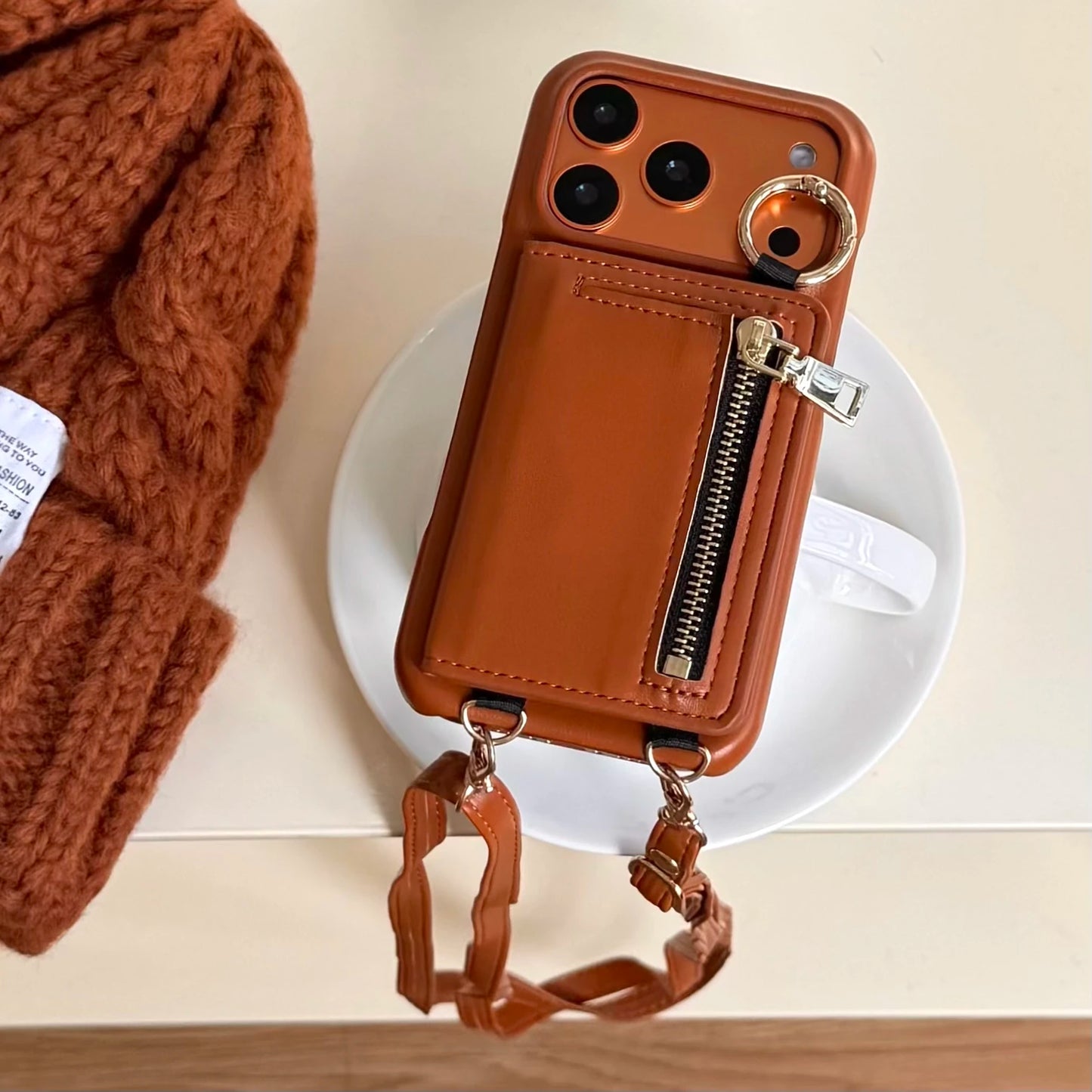 Crossbody Leather Wallet Phone Case with Zipper & Ring Holder