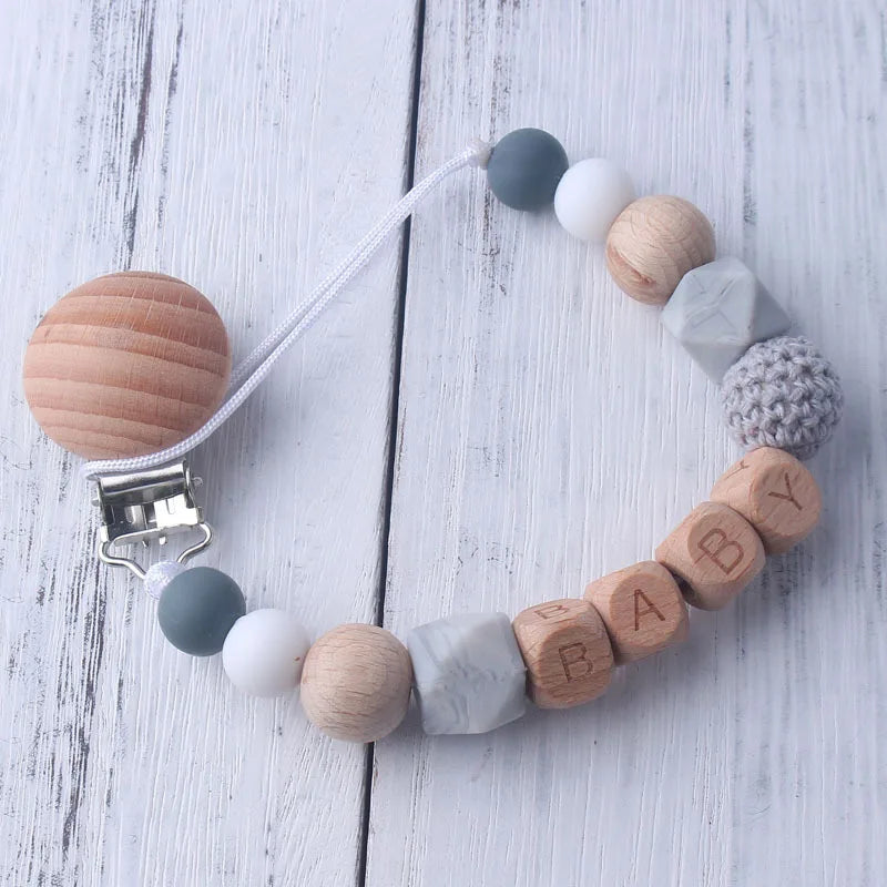 Personalized Name Pacifier Clip & Teething Chain (Silicone & Beech Wood)