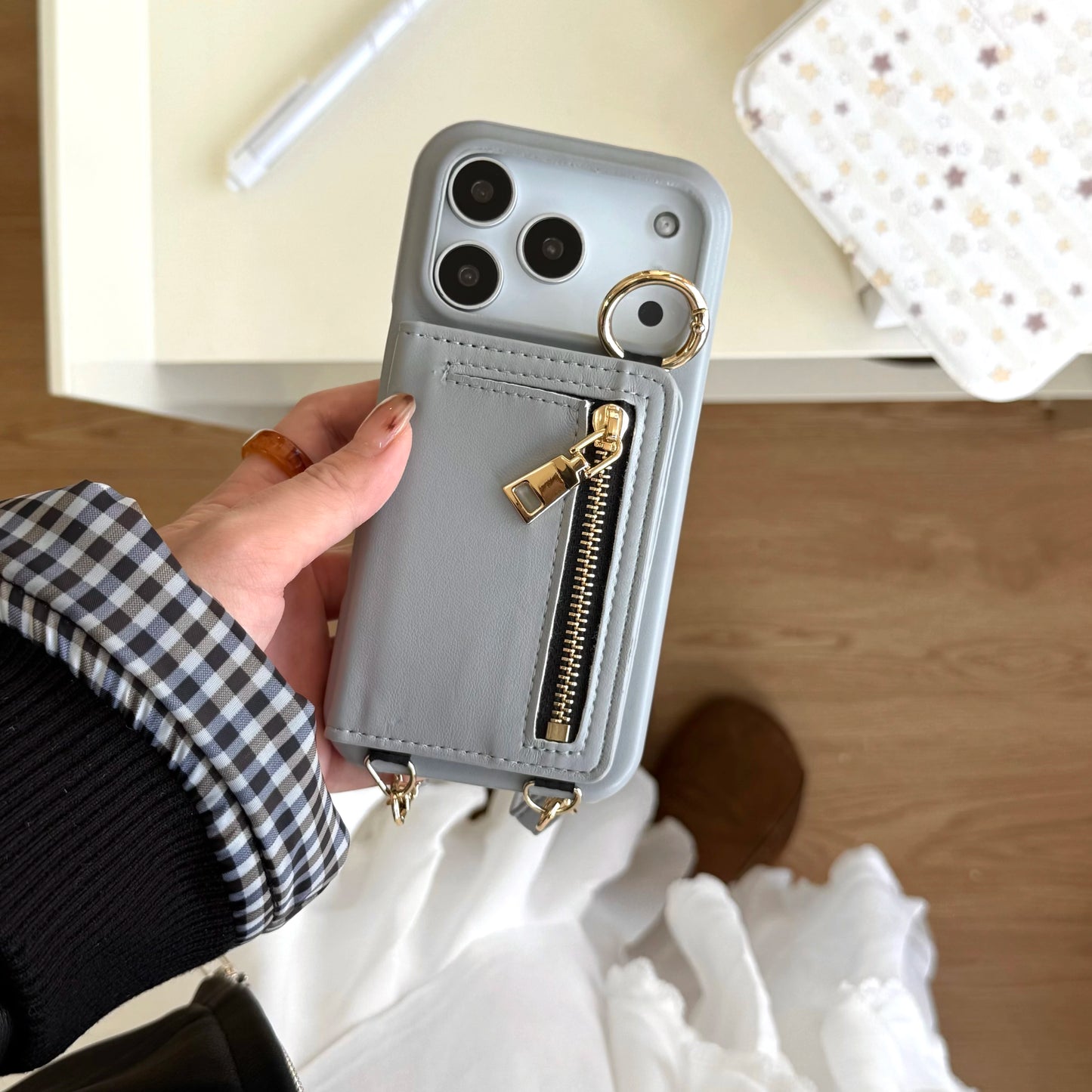 Crossbody Leather Wallet Phone Case with Zipper & Ring Holder