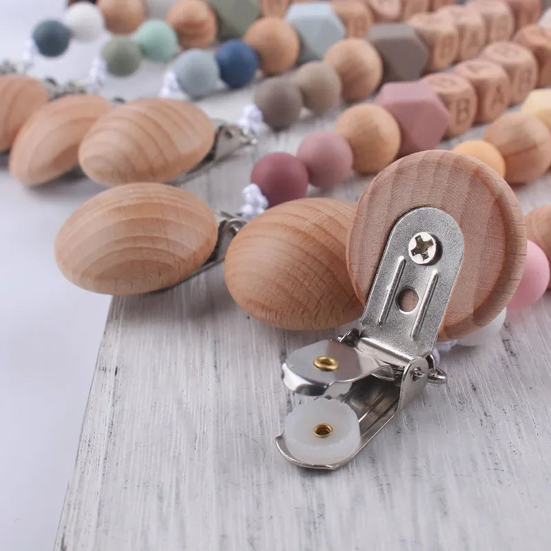 Personalized Name Pacifier Clip & Teething Chain (Silicone & Beech Wood)