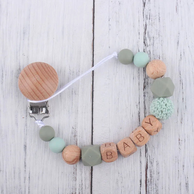 Personalized Name Pacifier Clip & Teething Chain (Silicone & Beech Wood)