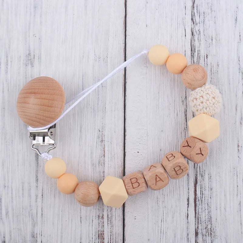Personalized Name Pacifier Clip & Teething Chain (Silicone & Beech Wood)