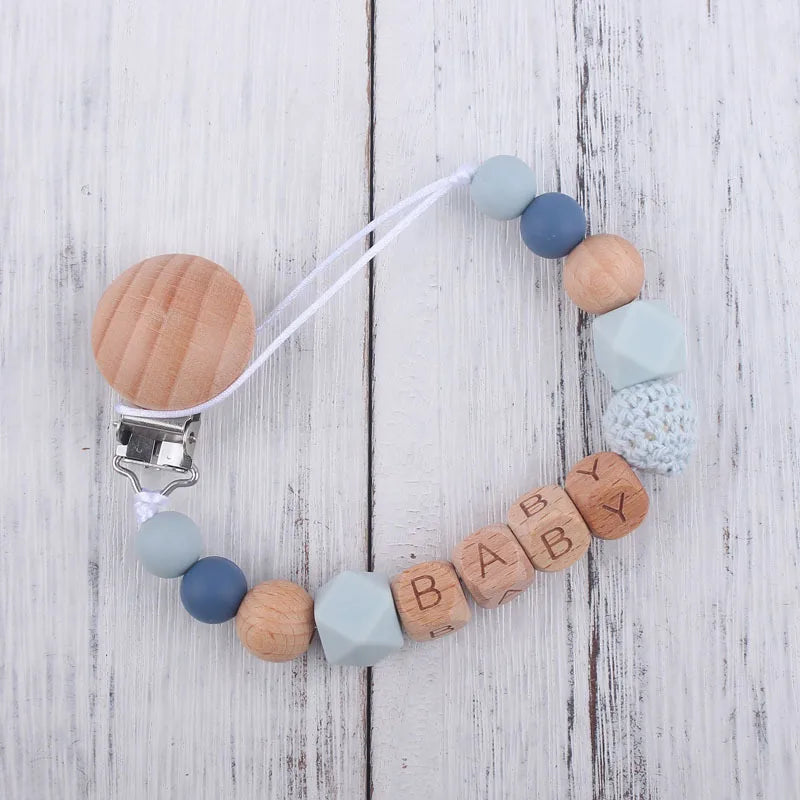 Personalized Name Pacifier Clip & Teething Chain (Silicone & Beech Wood)