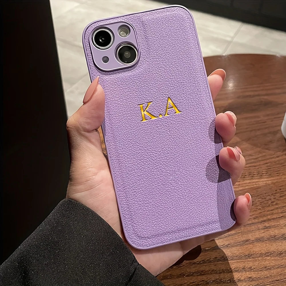 Personalized Name Case for iPhone - Engraved Initials PU Leather Cover