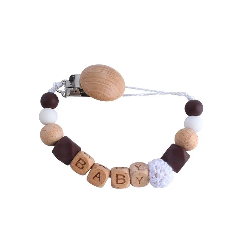Personalized Name Pacifier Clip & Teething Chain (Silicone & Beech Wood)