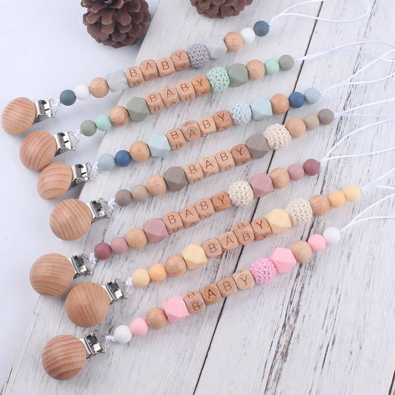 Personalized Name Pacifier Clip & Teething Chain (Silicone & Beech Wood)