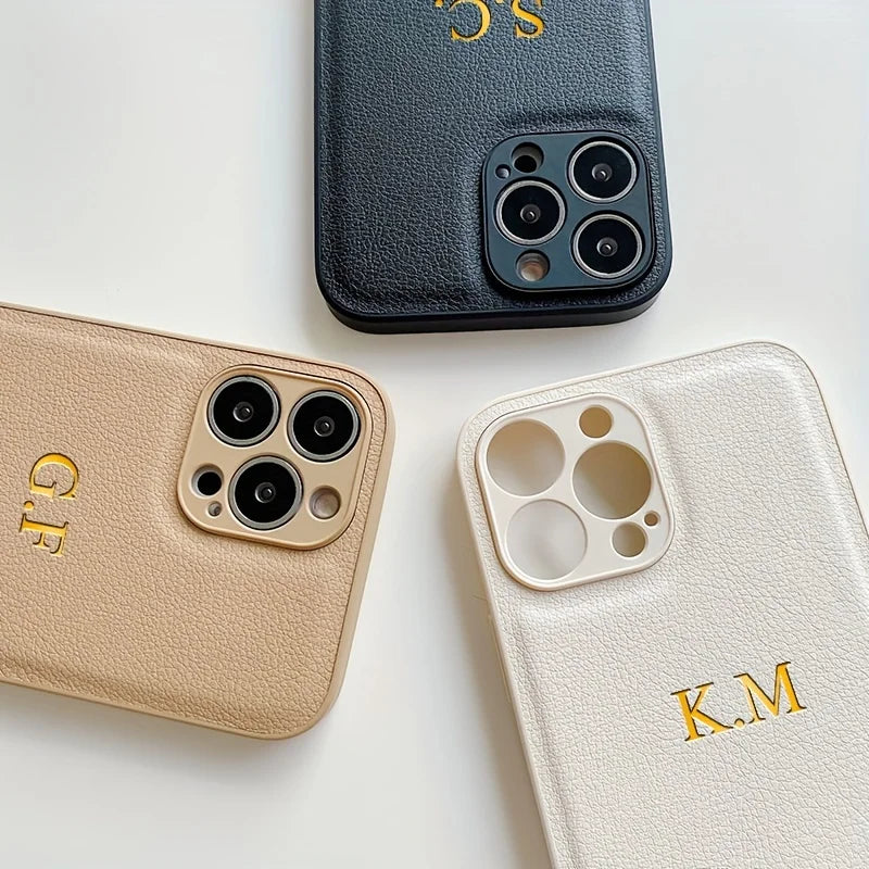 Personalized Name Case for iPhone - Engraved Initials PU Leather Cover