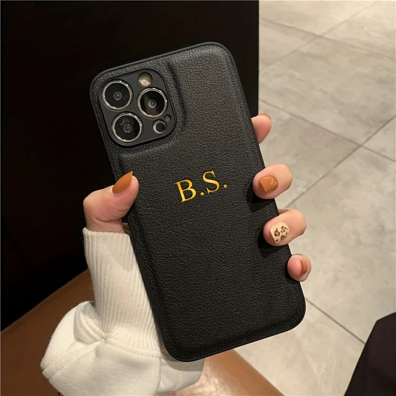 Personalized Name Case for iPhone - Engraved Initials PU Leather Cover
