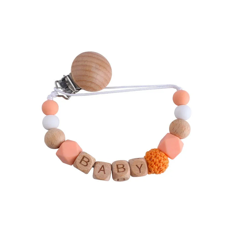 Personalized Name Pacifier Clip & Teething Chain (Silicone & Beech Wood)