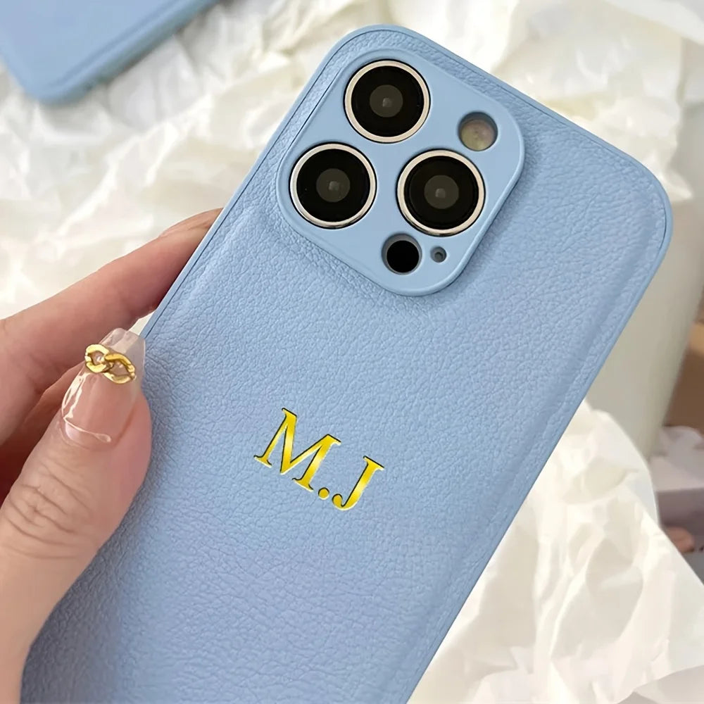Personalized Name Case for iPhone - Engraved Initials PU Leather Cover