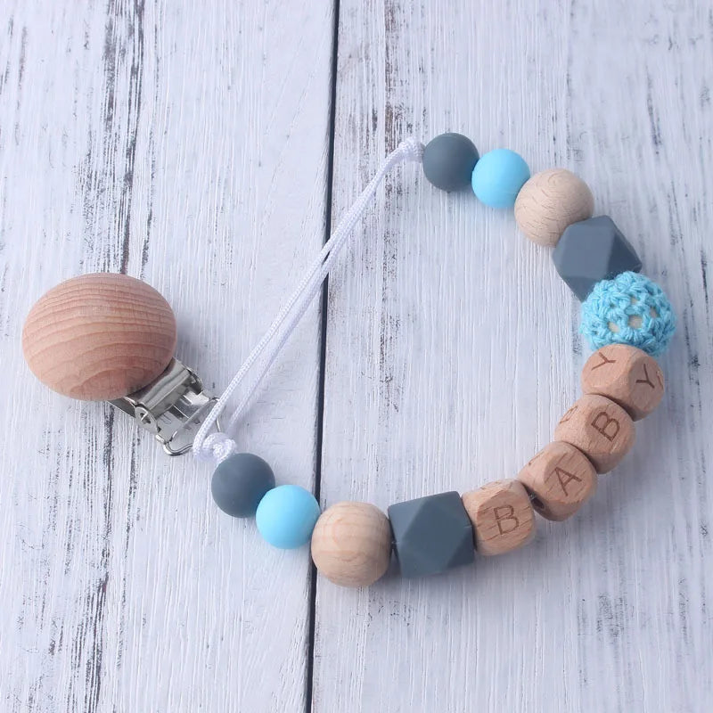 Personalized Name Pacifier Clip & Teething Chain (Silicone & Beech Wood)