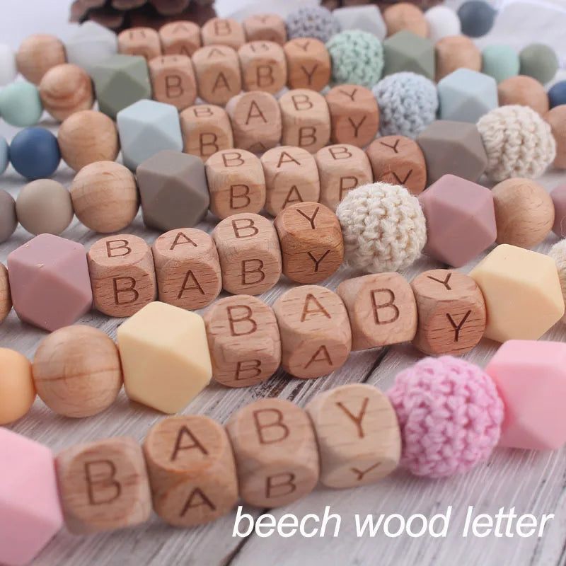 Personalized Name Pacifier Clip & Teething Chain (Silicone & Beech Wood)