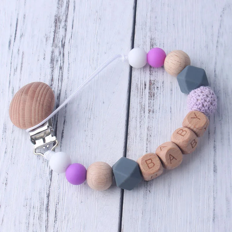 Personalized Name Pacifier Clip & Teething Chain (Silicone & Beech Wood)